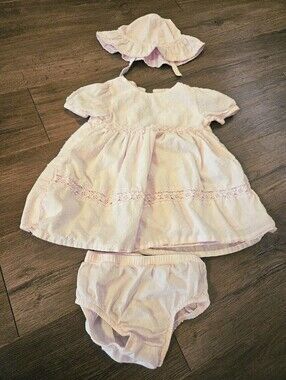 Baby Pink Dress With Matching Bonnet And Bloomers, 18 Months